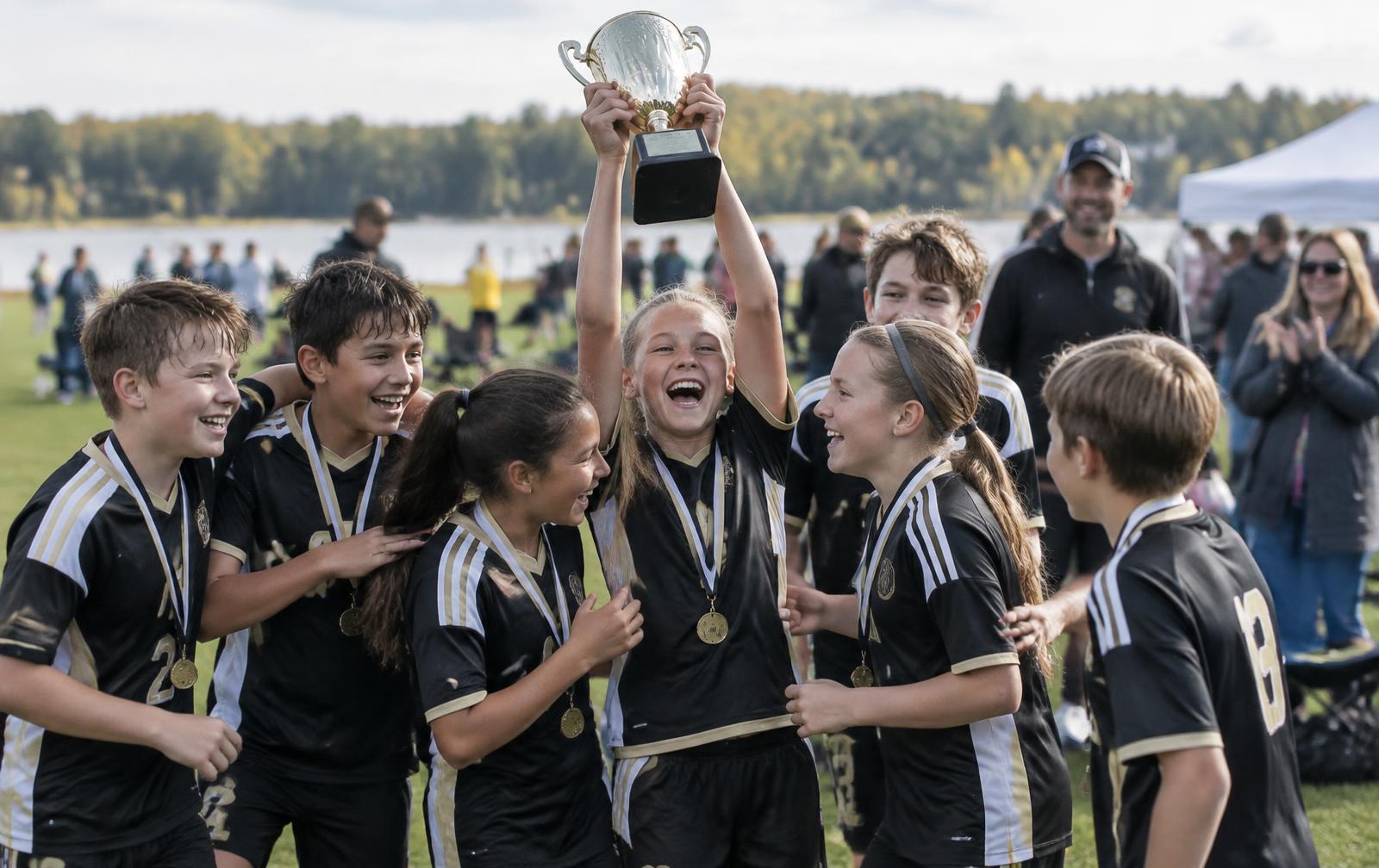 Youth soccer team celebrating a championship